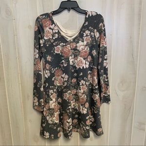 BCX Large Pink/Grey Long Sleeve Fit and Flare Chiffon Lace Floral Dress